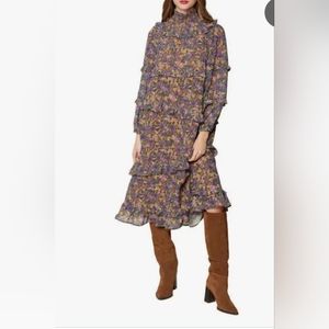 LOST + WANDER MAUVE MEDLEY FLORAL PRINT LONG SLEEVE RUFFLE DRESS.